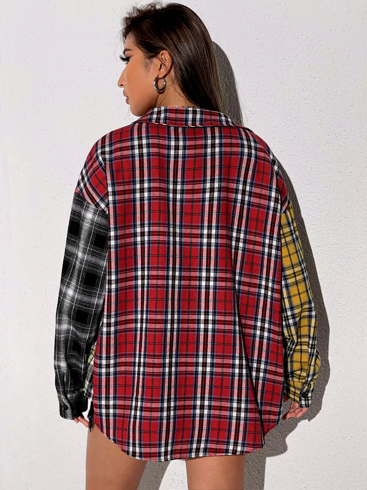 EZwear Tartan Colorblock Drop Shoulder Shirt,Long Sleeve Tops