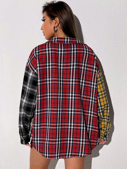 EZwear Tartan Colorblock Drop Shoulder Shirt,Long Sleeve Tops