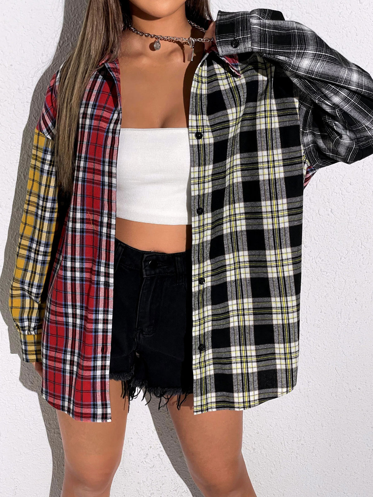 EZwear Tartan Colorblock Drop Shoulder Shirt,Long Sleeve Tops