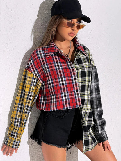 EZwear Tartan Colorblock Drop Shoulder Shirt,Long Sleeve Tops