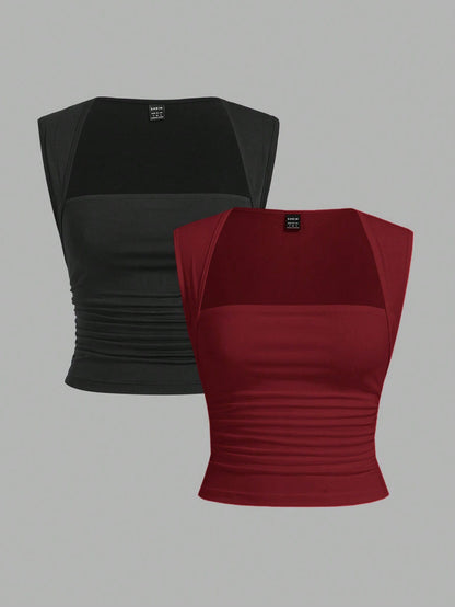 EZwear Two-Piece Set Women's Basic Tight Knit Tank Top, Anthracite Black & Red