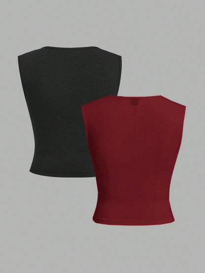 EZwear Two-Piece Set Women's Basic Tight Knit Tank Top, Anthracite Black & Red