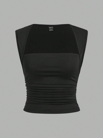 EZwear Two-Piece Set Women's Basic Tight Knit Tank Top, Anthracite Black & Red