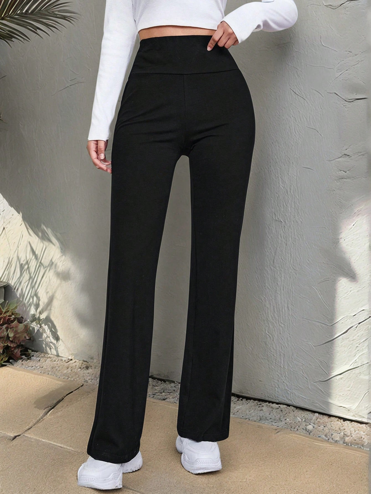 EZwear Wide Waistband Flare Leg Pants
