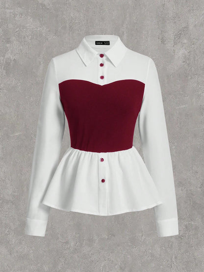 EZwear Wine Red Woven 2 In 1 Slim Fit Blouse For Women,Long Sleeve Tops