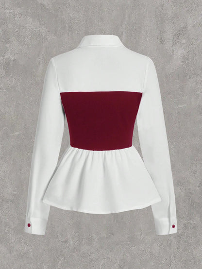 EZwear Wine Red Woven 2 In 1 Slim Fit Blouse For Women,Long Sleeve Tops