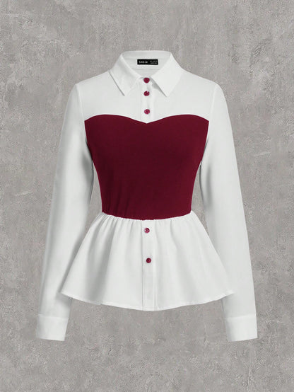EZwear Wine Red Woven 2 In 1 Slim Fit Blouse For Women,Long Sleeve Tops