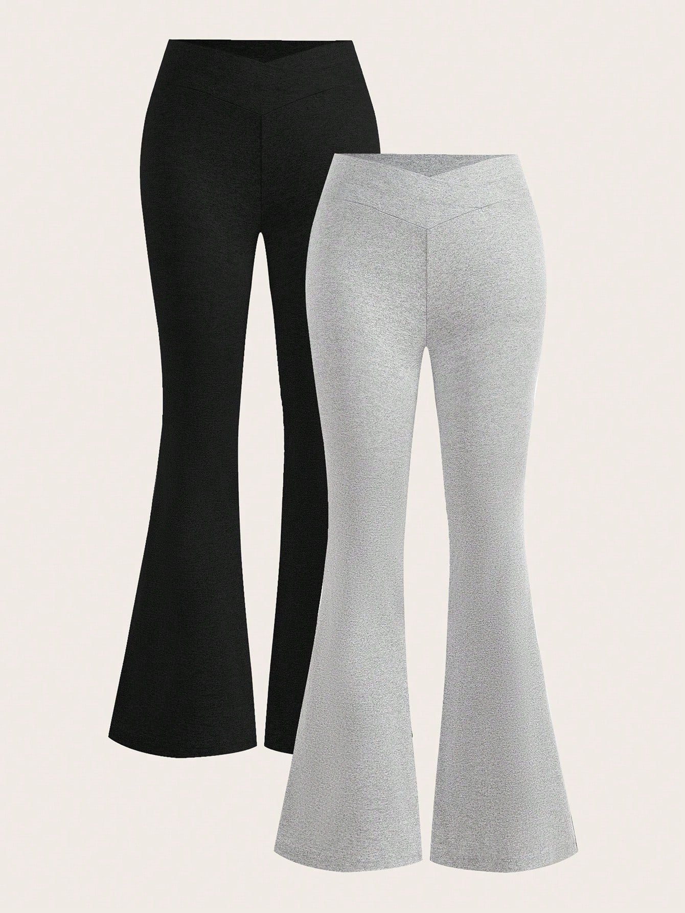 EZwear Women's 2pcs Black & Grey Waist-Crossing Slim Fit Casual Flared Pants Set Suitable For Going Out Fall Clothes Winter Clothes Women's Sportswear