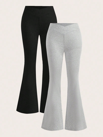 EZwear Women's 2pcs Black & Grey Waist-Crossing Slim Fit Casual Flared Pants Set Suitable For Going Out Fall Clothes Winter Clothes Women's Sportswear