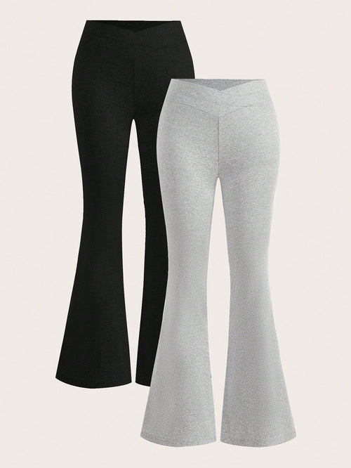 EZwear Women's 2pcs Black & Grey Waist-Crossing Slim Fit Casual Flared Pants Set Suitable For Going Out Fall Clothes Winter Clothes Women's Sportswear