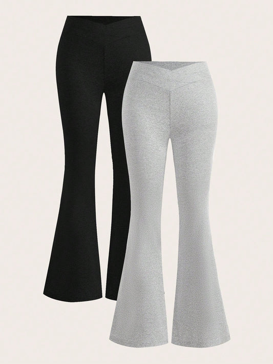 EZwear Women's 2pcs Black & Grey Waist-Crossing Slim Fit Casual Flared Pants Set Suitable For Going Out Fall Clothes Winter Clothes Women's Sportswear