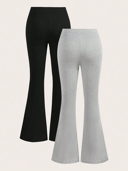EZwear Women's 2pcs Black & Grey Waist-Crossing Slim Fit Casual Flared Pants Set Suitable For Going Out Fall Clothes Winter Clothes Women's Sportswear