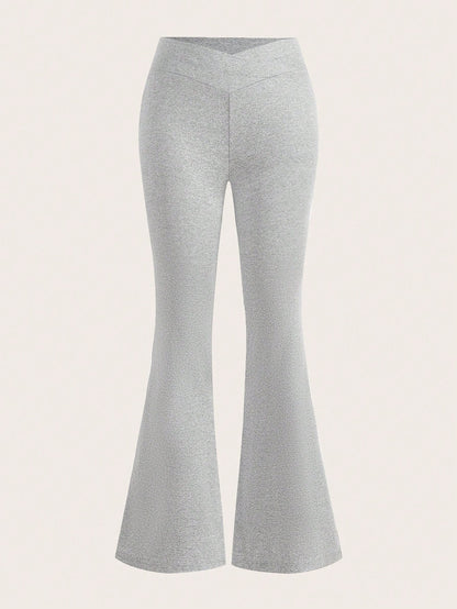 EZwear Women's 2pcs Black & Grey Waist-Crossing Slim Fit Casual Flared Pants Set Suitable For Going Out Fall Clothes Winter Clothes Women's Sportswear