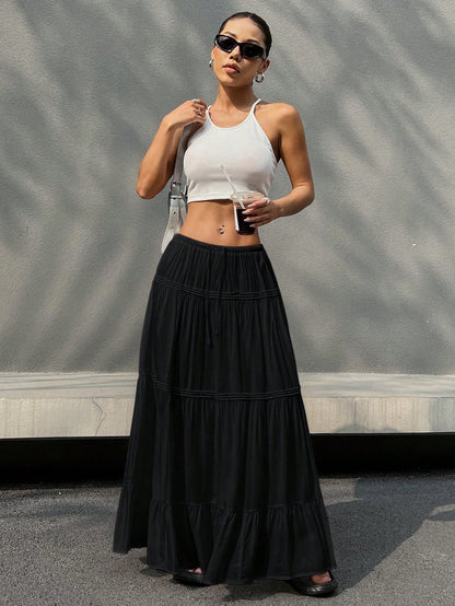 EZwear Women's Black Summer Casual Vacation Skirt,Solid Color Ruffle Hem Tiered Layer Long Loose Ultra Low Waist Viscose Plain Skirts For Spring/Fall Daily