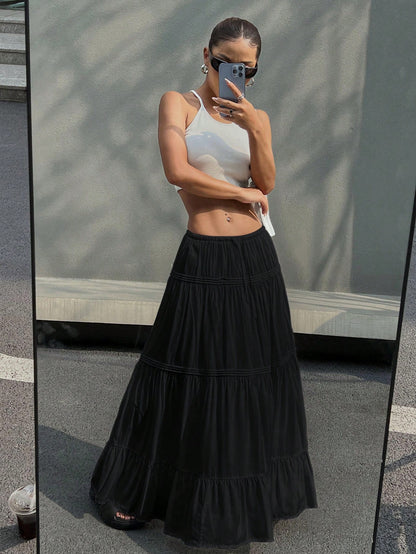 EZwear Women's Black Summer Casual Vacation Skirt,Solid Color Ruffle Hem Tiered Layer Long Loose Ultra Low Waist Viscose Plain Skirts For Spring/Fall Daily