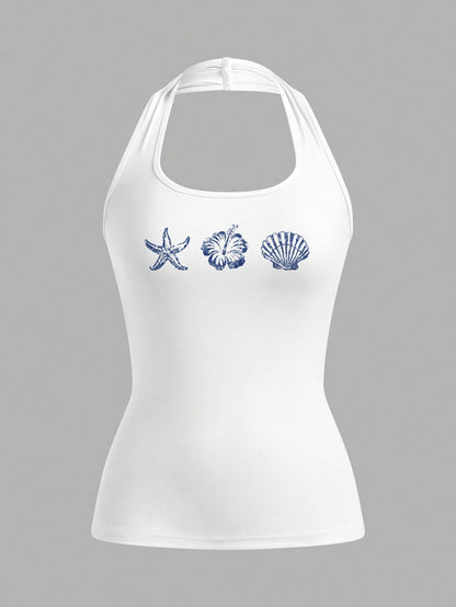 EZwear Women's Casual Simple & Resort Style Neck Tie Back Tight Fit Tank Top With Printed Pattern, Suitable For Summer Beach Wear