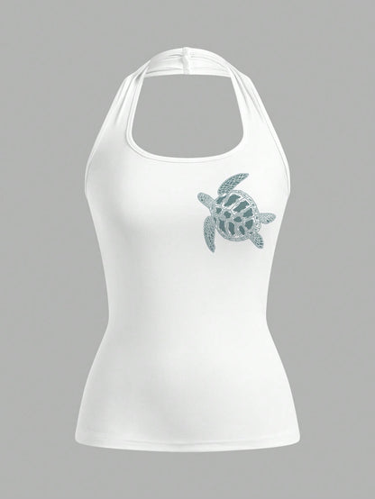 EZwear Women's Casual Simple & Resort Style Neck Tie Back Tight Fit Tank Top With Printed Pattern, Suitable For Summer Beach Wear