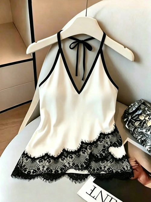EZwear Women's Contrast Lace Fashion Sexy Halter Top