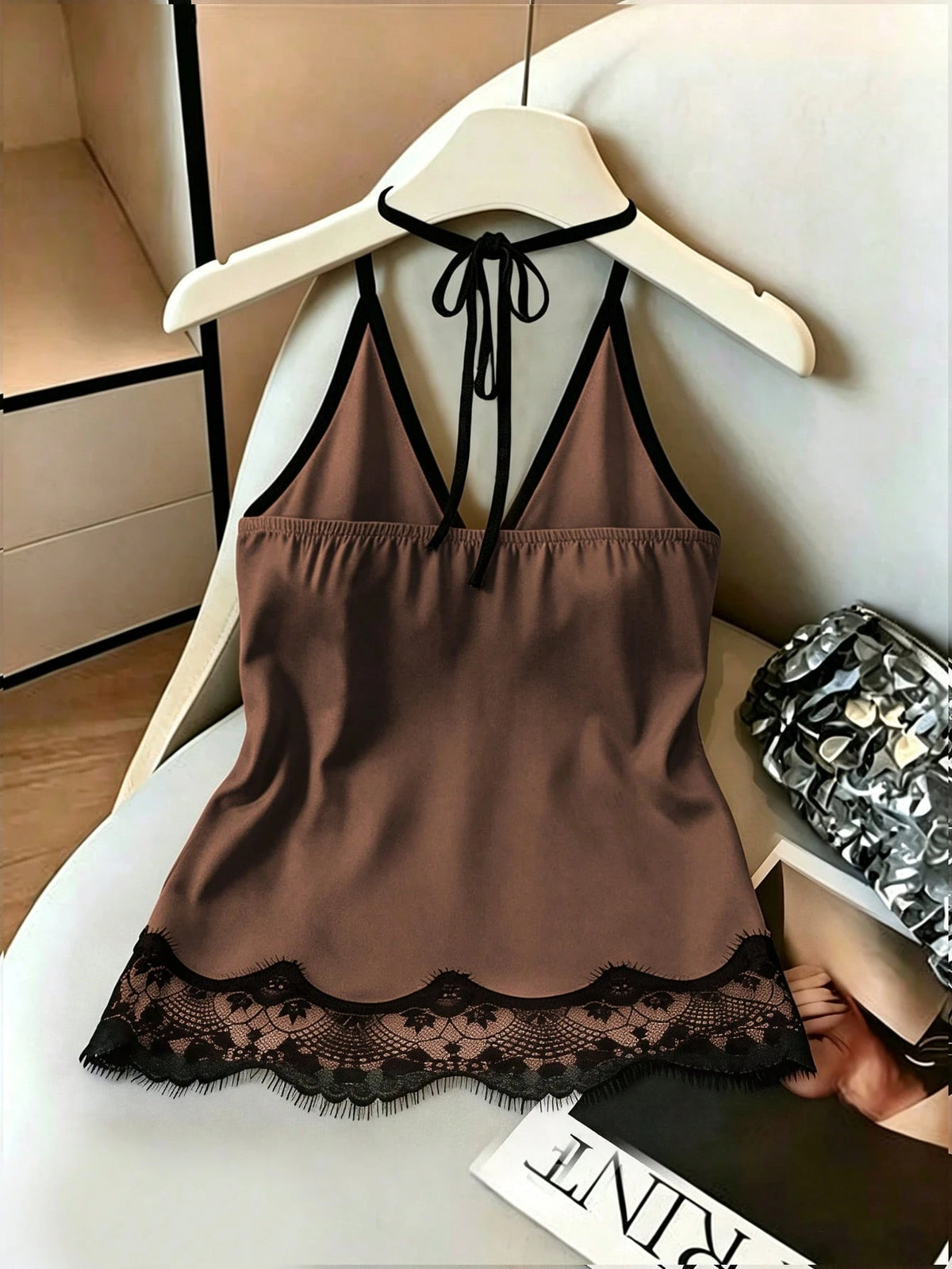EZwear Women's Contrast Lace Fashion Sexy Halter Top