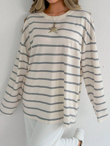 EZwear Women's Crew Neck Long Sleeve Striped Simple Casual Top For Daily Wear