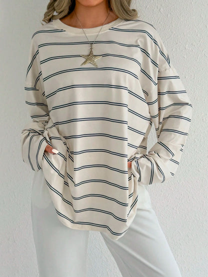 EZwear Women's Crew Neck Long Sleeve Striped Simple Casual Top For Daily Wear