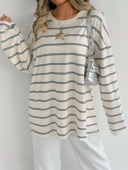 EZwear Women's Crew Neck Long Sleeve Striped Simple Casual Top For Daily Wear