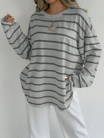 EZwear Women's Crew Neck Long Sleeve Striped Simple Casual Top For Daily Wear