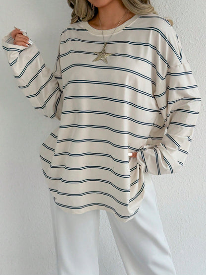 EZwear Women's Crew Neck Long Sleeve Striped Simple Casual Top For Daily Wear