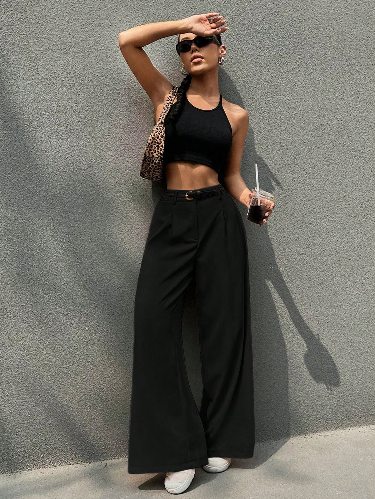 EZwear Women's High-Waisted Belted Wide Leg Pants,Black Winter Casual Smart Office Ladies Spring/Fall Button,Pocket,Zipper Straight Leg Loose Long Trousers