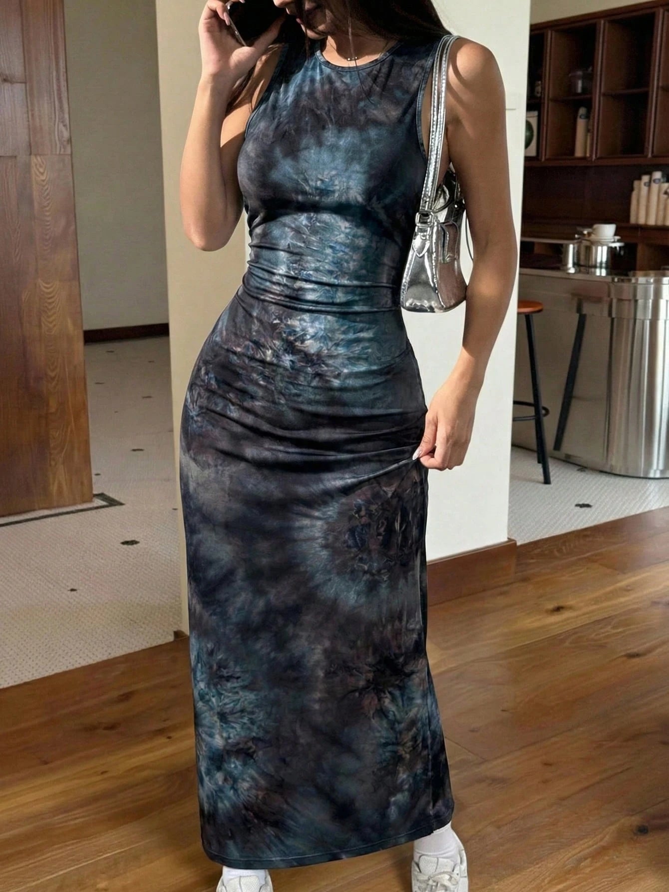 EZwear Women's Slim Summer Floral Print Strap Bodycon Long Dress Blue Tye Dyed Unique Sleeveless Women Elegant Outfits Tie Dye Dresses For