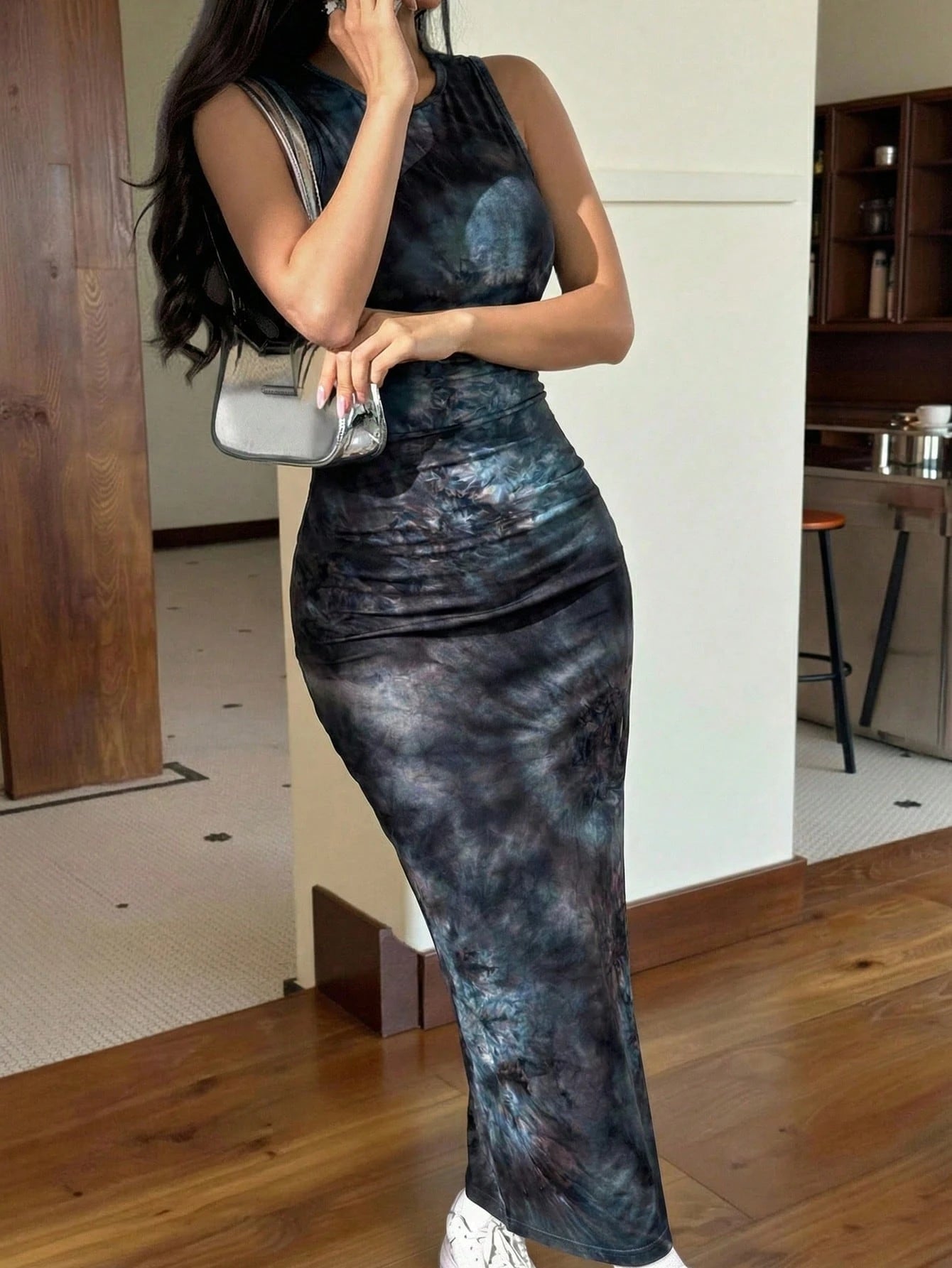 EZwear Women's Slim Summer Floral Print Strap Bodycon Long Dress Blue Tye Dyed Unique Sleeveless Women Elegant Outfits Tie Dye Dresses For
