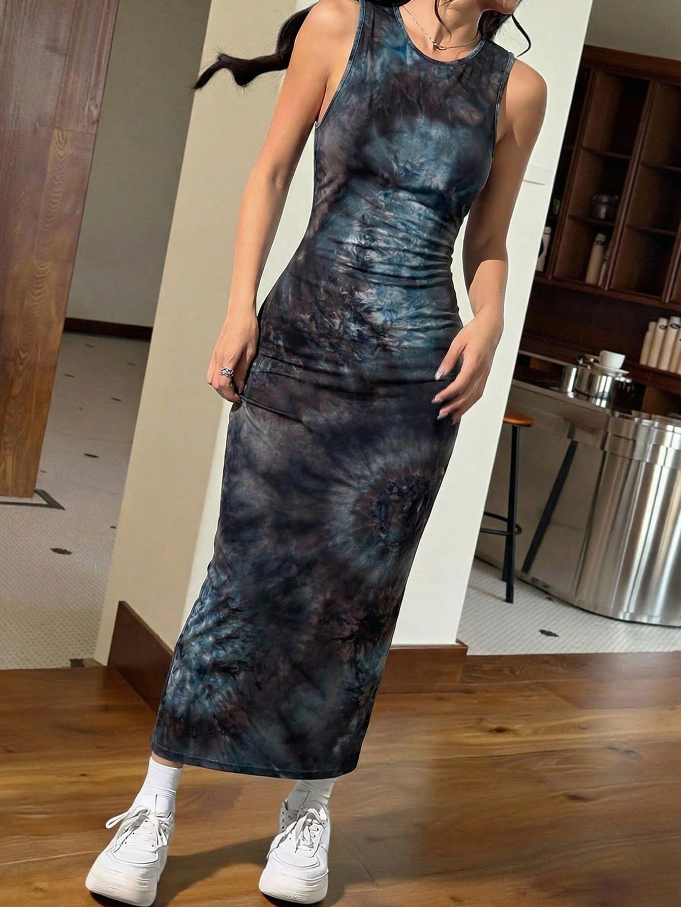 EZwear Women's Slim Summer Floral Print Strap Bodycon Long Dress Blue Tye Dyed Unique Sleeveless Women Elegant Outfits Tie Dye Dresses For