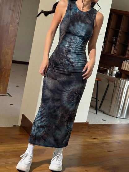 EZwear Women's Slim Summer Floral Print Strap Bodycon Long Dress Blue Tye Dyed Unique Sleeveless Women Elegant Outfits Tie Dye Dresses For
