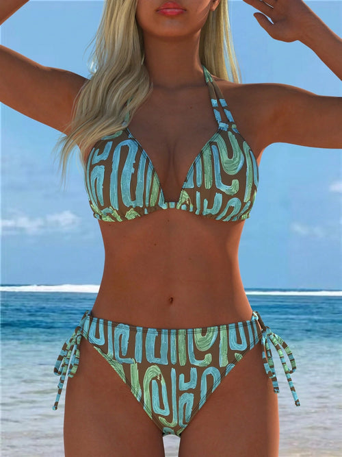 Fashion Printed Patchwork Halter Bikini Women Two Piece Swimsuit