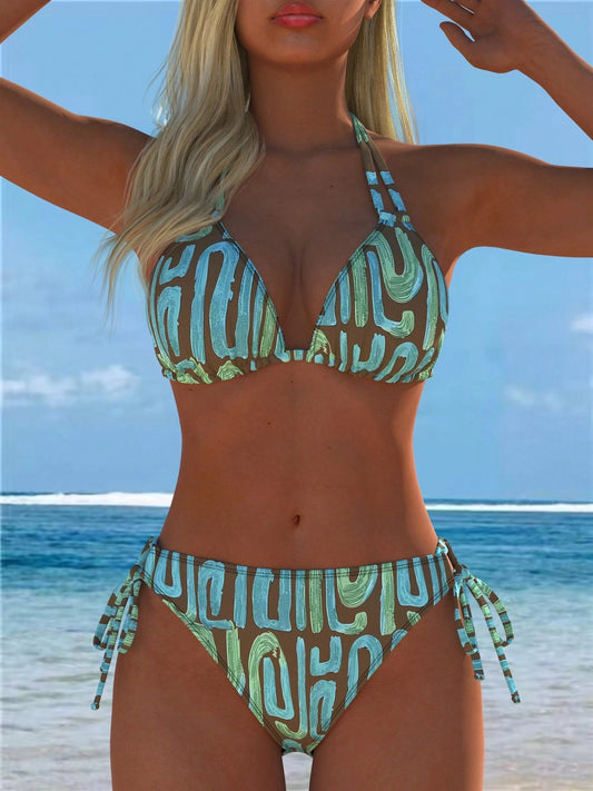 Fashion Printed Patchwork Halter Bikini Women Two Piece Swimsuit