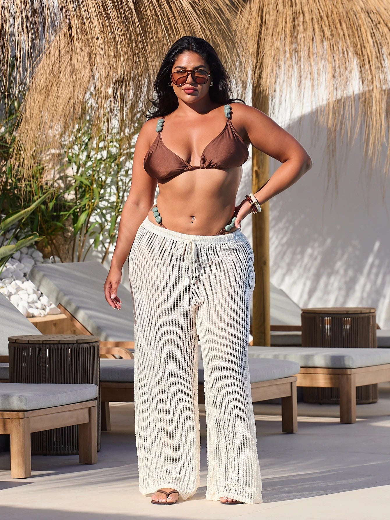 FASHION SZN Plus Size Crochet Beach Vacation Trousers Wide Leg Sheer Cover Up Casual Sexy Club Glam Pool Party Swim Holiday Summer Ibiza Boho Outfit All White