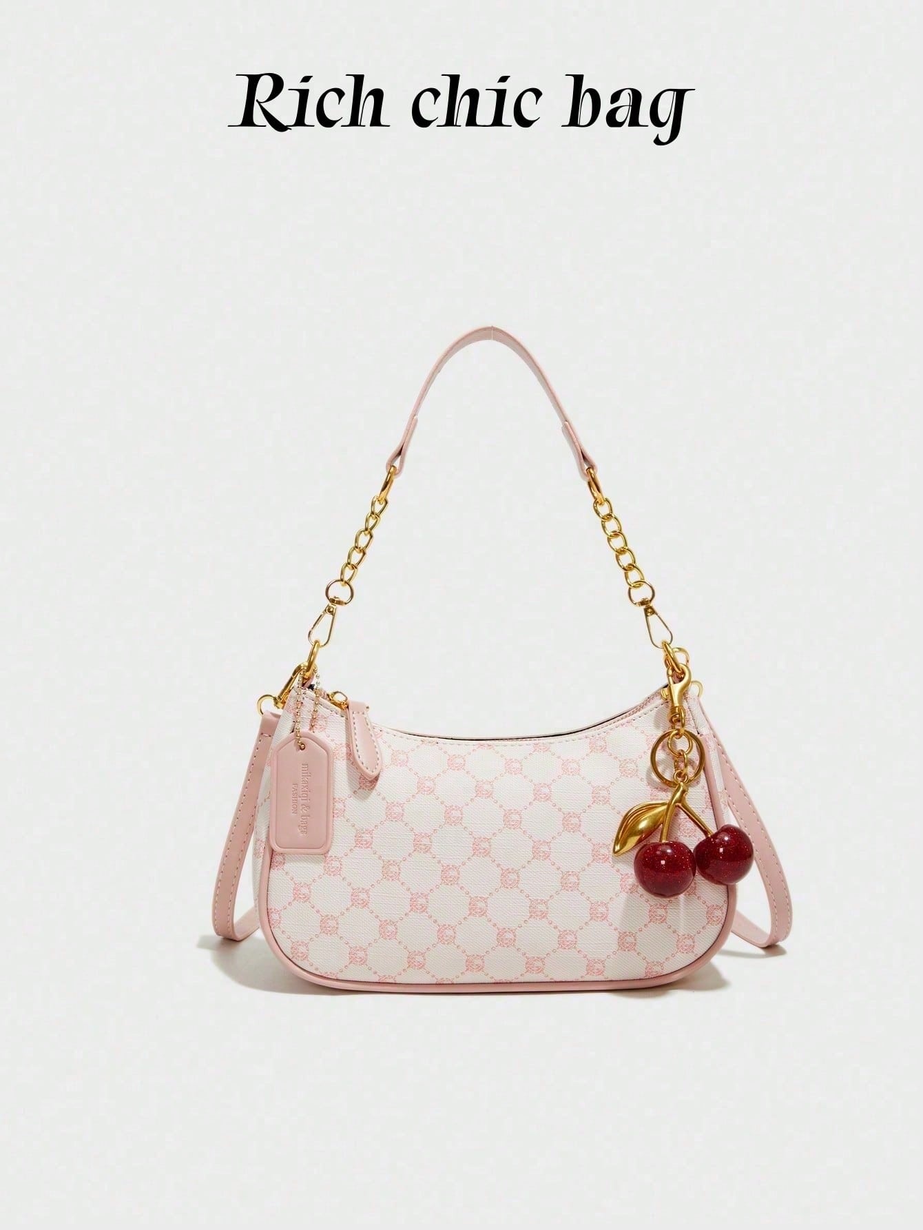 Fashion Versatile PU Waterproof Fabric M Letter Pattern Shoulder Bag, Printed Design Metal Chain Decoration Pink Baguette Bag With Cherry Pendant