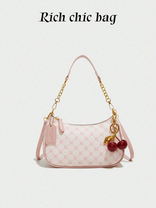 Fashion Versatile PU Waterproof Fabric M Letter Pattern Shoulder Bag, Printed Design Metal Chain Decoration Pink Baguette Bag With Cherry Pendant