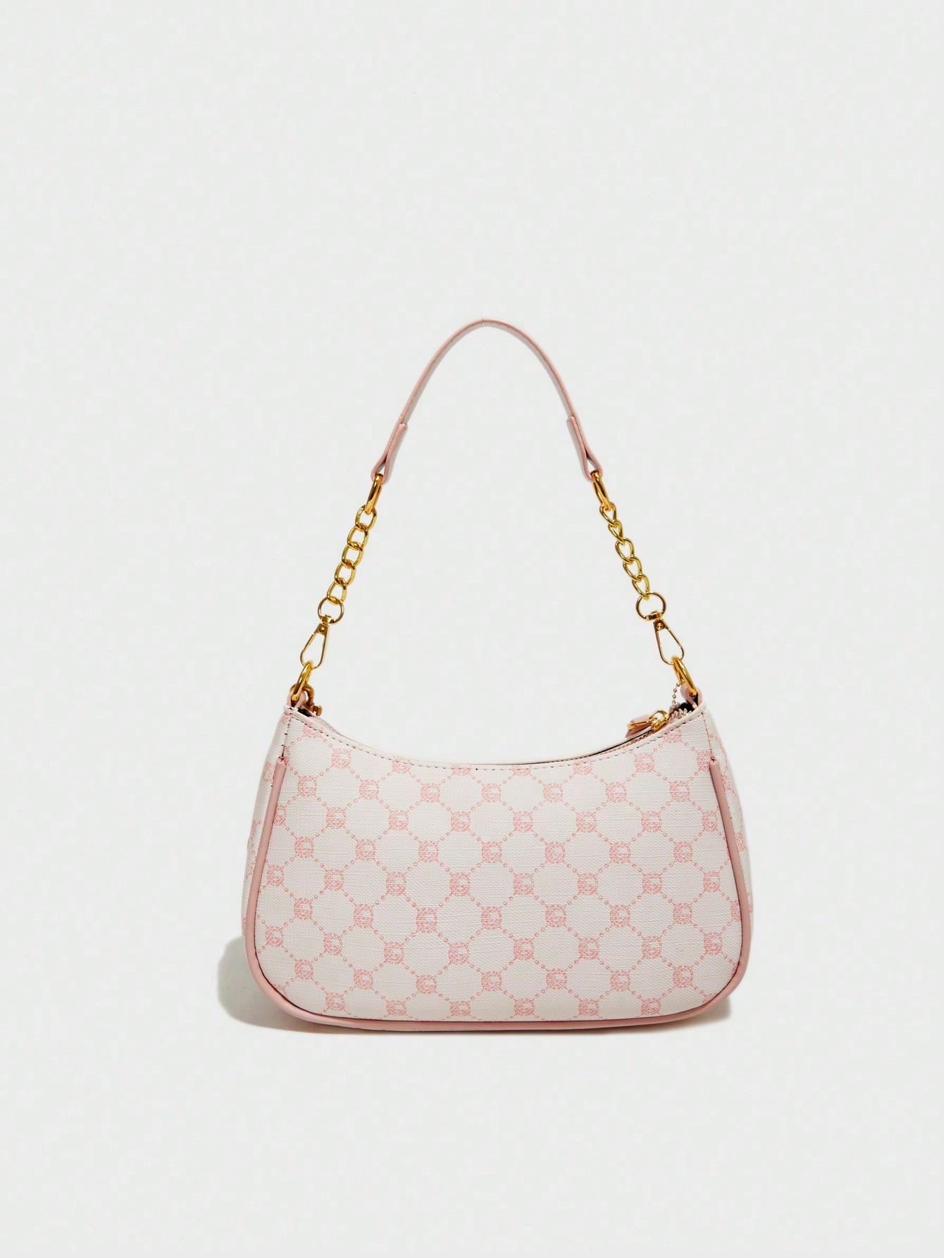 Fashion Versatile PU Waterproof Fabric M Letter Pattern Shoulder Bag, Printed Design Metal Chain Decoration Pink Baguette Bag With Cherry Pendant