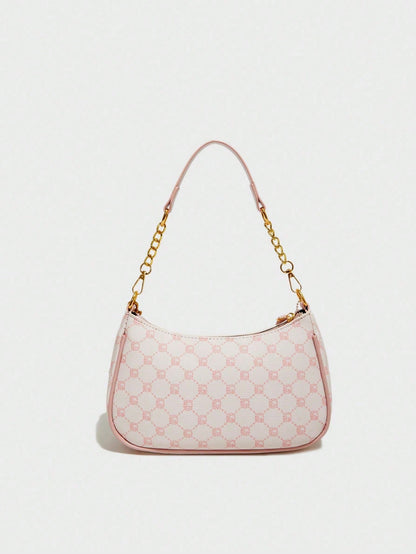 Fashion Versatile PU Waterproof Fabric M Letter Pattern Shoulder Bag, Printed Design Metal Chain Decoration Pink Baguette Bag With Cherry Pendant