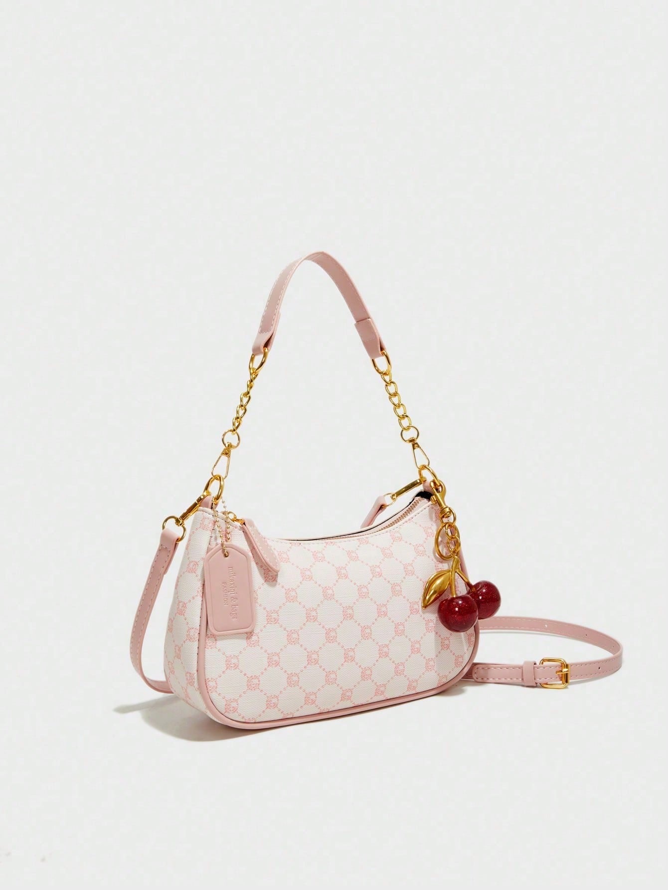 Fashion Versatile PU Waterproof Fabric M Letter Pattern Shoulder Bag, Printed Design Metal Chain Decoration Pink Baguette Bag With Cherry Pendant