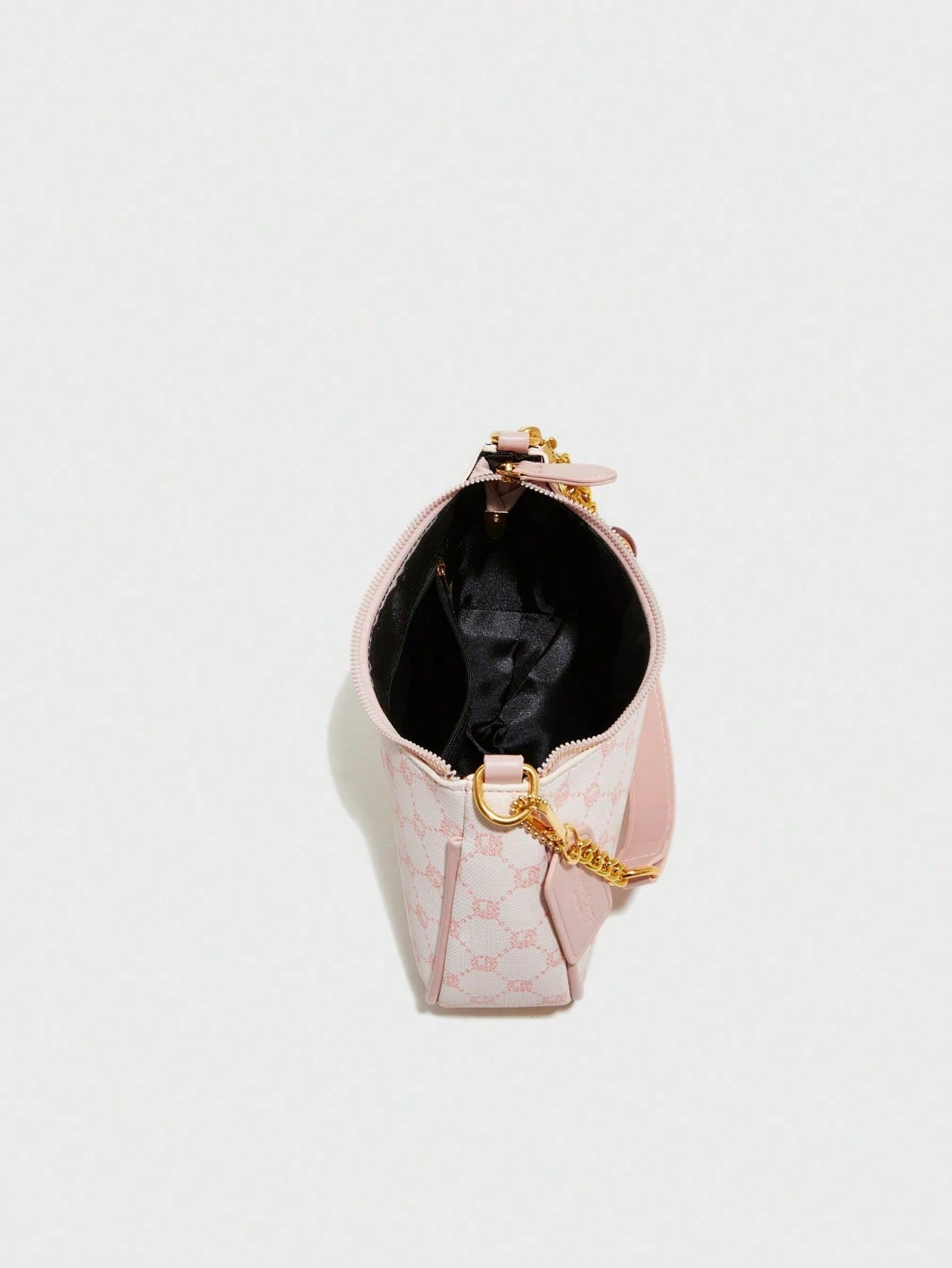 Fashion Versatile PU Waterproof Fabric M Letter Pattern Shoulder Bag, Printed Design Metal Chain Decoration Pink Baguette Bag With Cherry Pendant