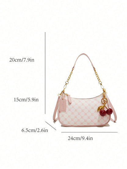Fashion Versatile PU Waterproof Fabric M Letter Pattern Shoulder Bag, Printed Design Metal Chain Decoration Pink Baguette Bag With Cherry Pendant