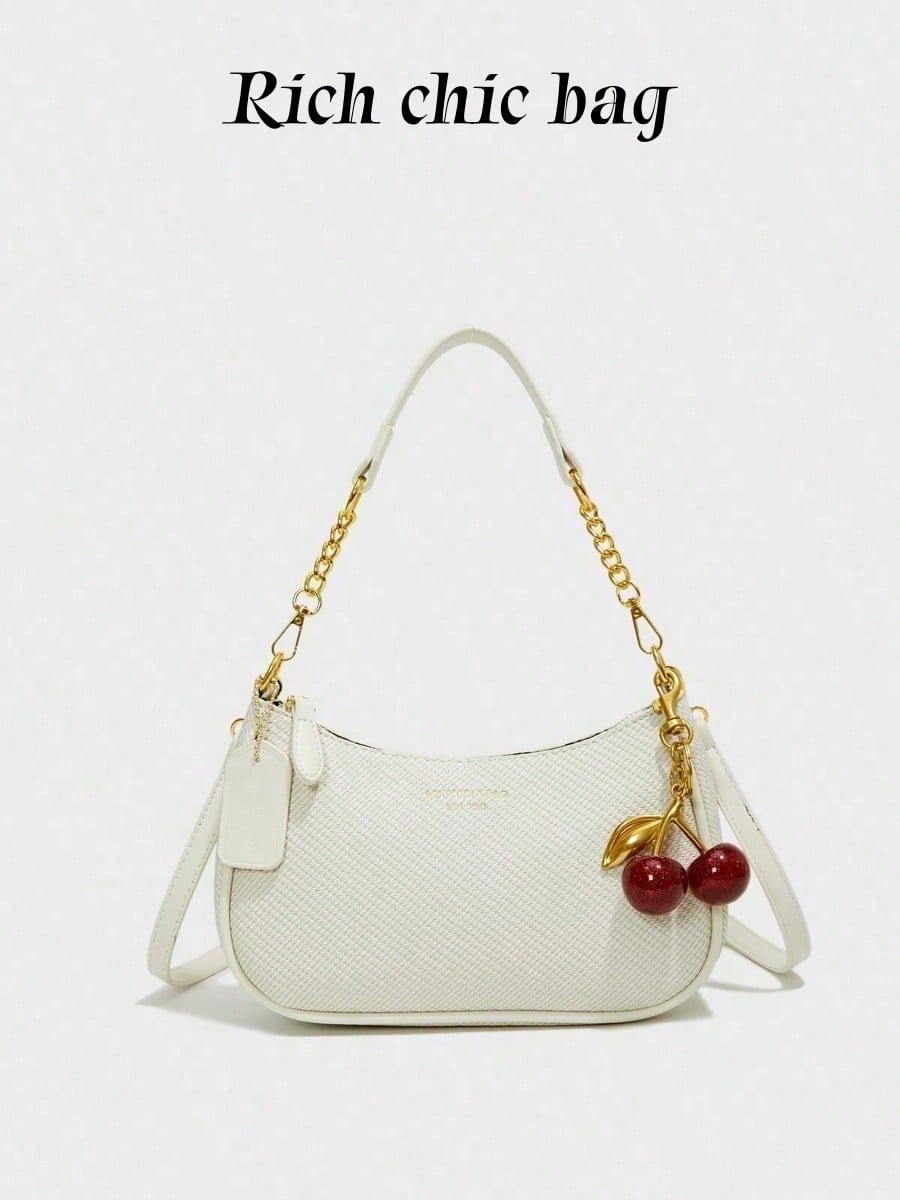 Fashion Versatile PU Waterproof Fabric M Letter Pattern Shoulder Bag, Printed Design Metal Chain Decoration Pink Baguette Bag With Cherry Pendant