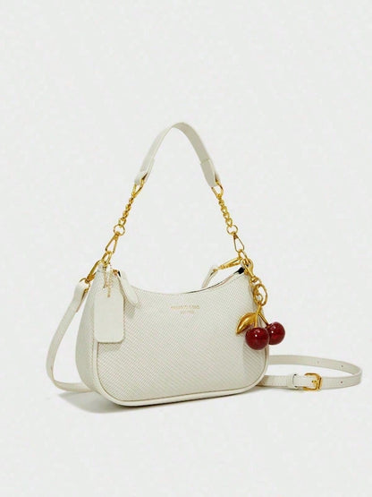 Fashion Versatile PU Waterproof Fabric M Letter Pattern Shoulder Bag, Printed Design Metal Chain Decoration Pink Baguette Bag With Cherry Pendant