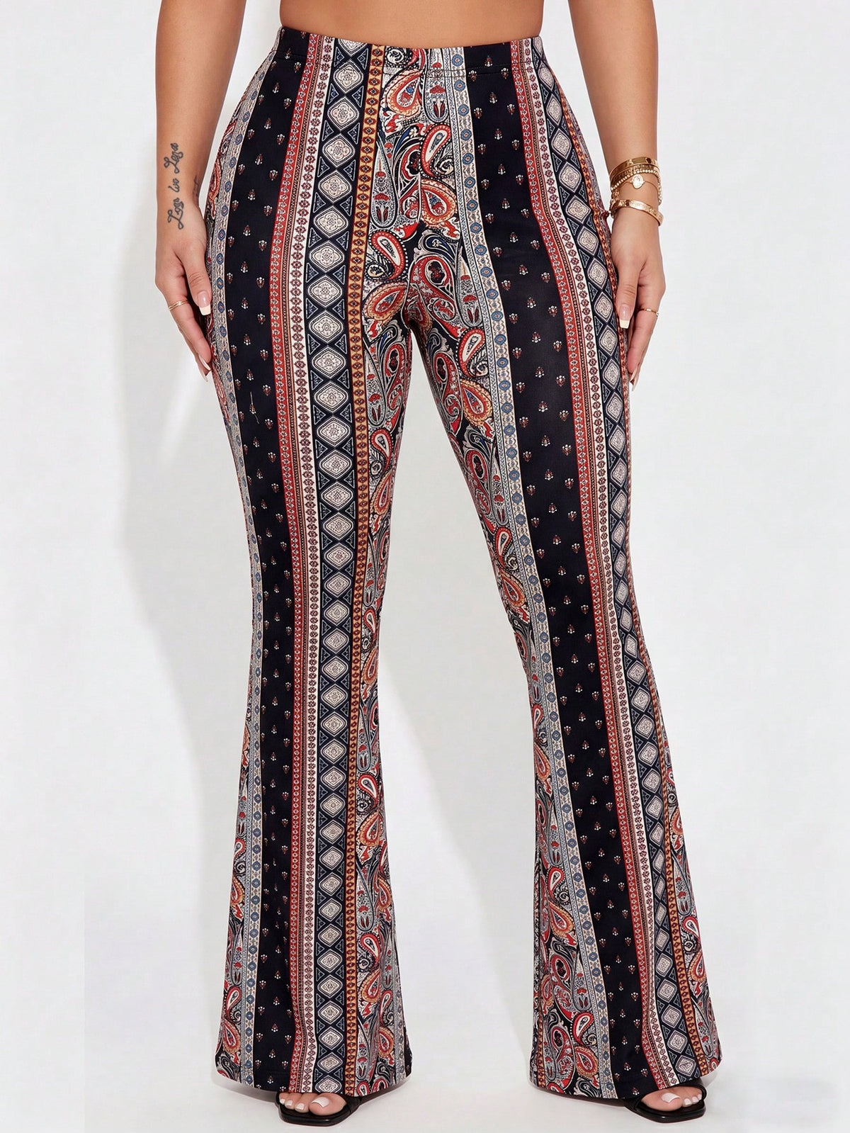 Fashion Women's Paisley Print Flare Leg Pants, Knitted Fabric Long Pants, Medium Stretch Comfortable Wear