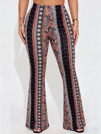 Fashion Women's Paisley Print Flare Leg Pants, Knitted Fabric Long Pants, Medium Stretch Comfortable Wear