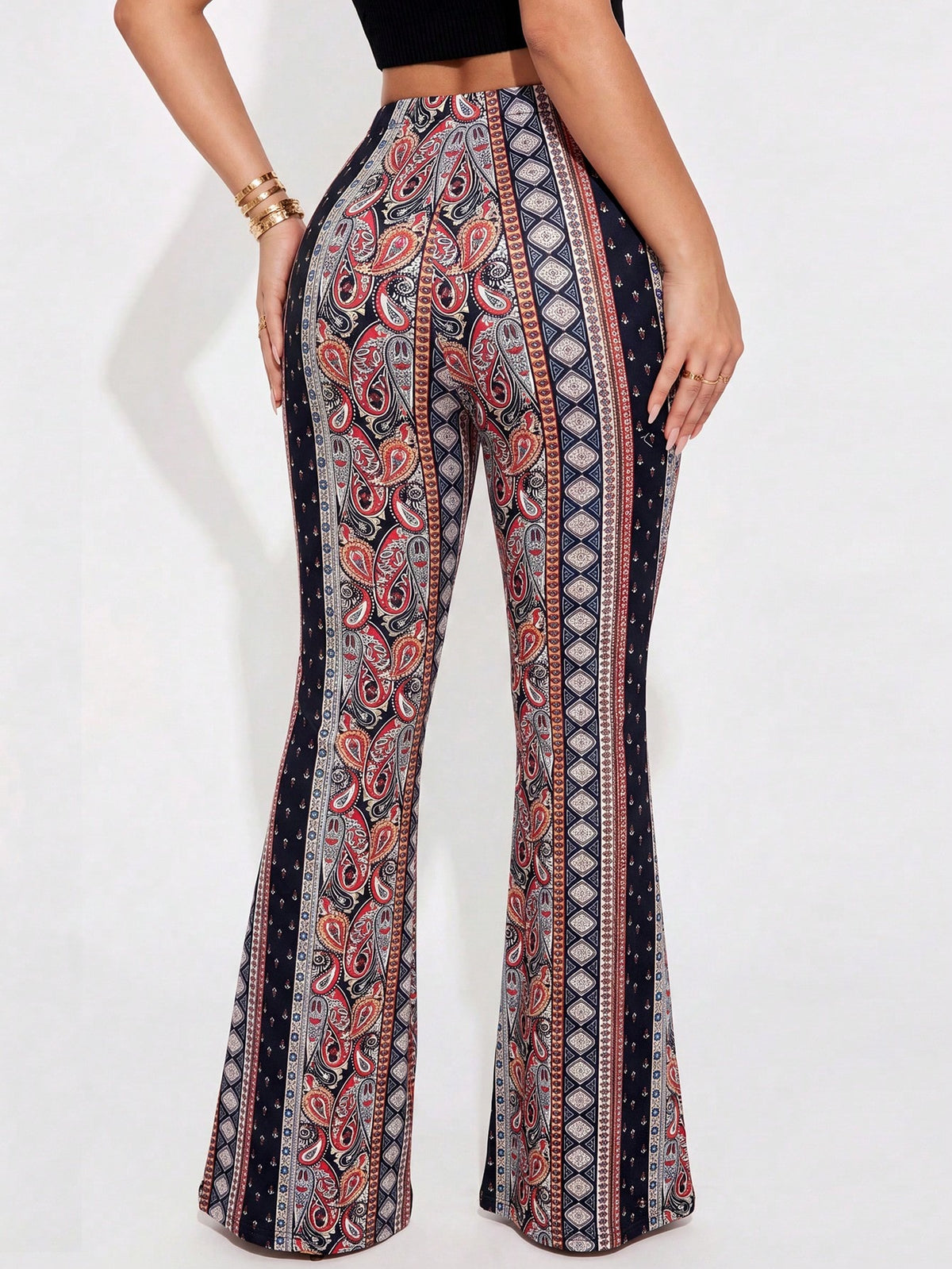 Fashion Women's Paisley Print Flare Leg Pants, Knitted Fabric Long Pants, Medium Stretch Comfortable Wear