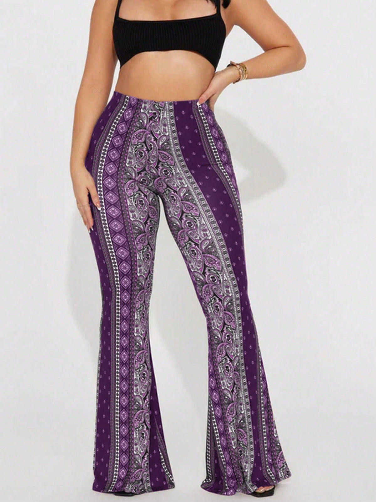 Fashion Women's Paisley Print Flare Leg Pants, Knitted Fabric Long Pants, Medium Stretch Comfortable Wear