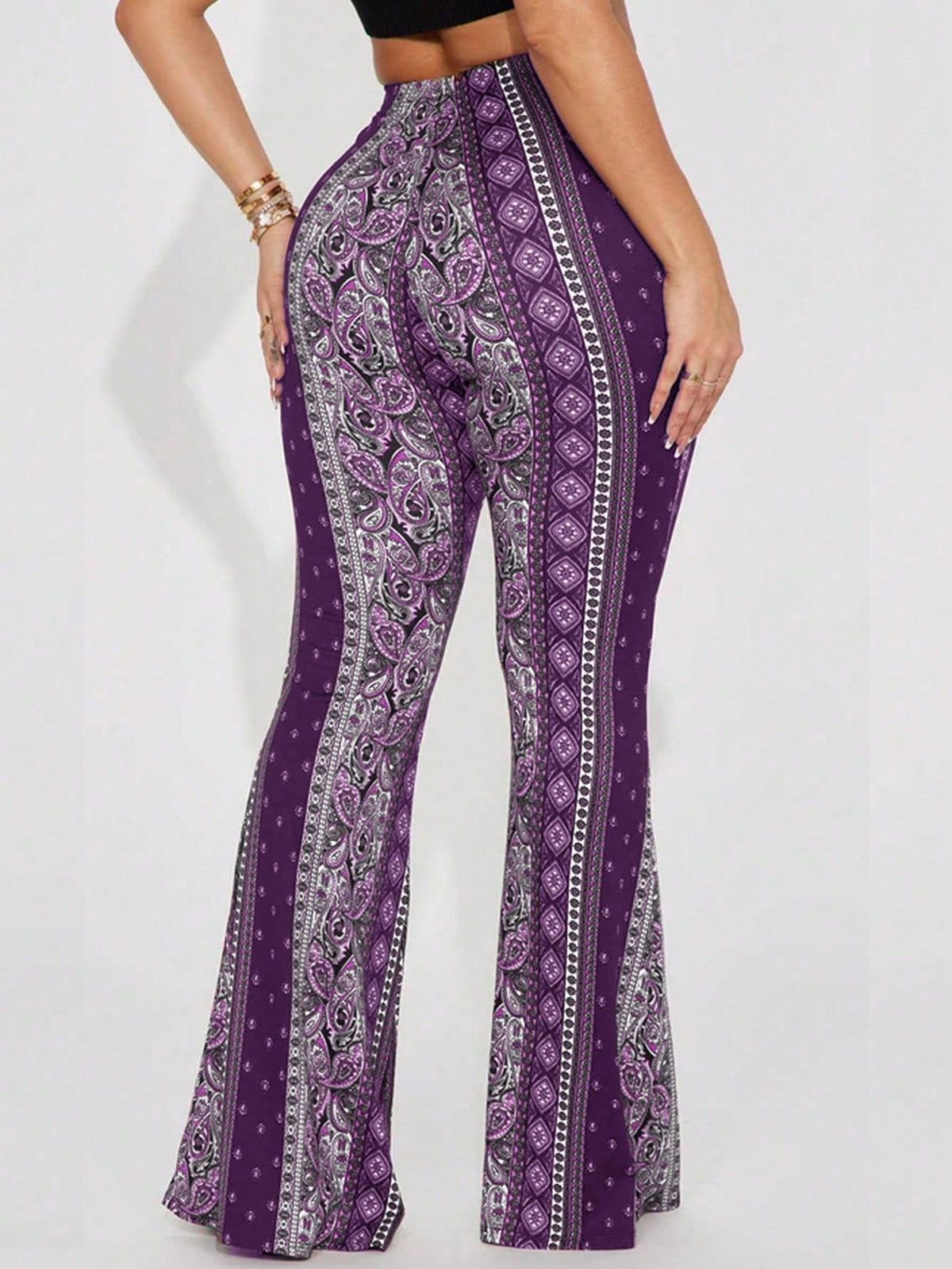 Fashion Women's Paisley Print Flare Leg Pants, Knitted Fabric Long Pants, Medium Stretch Comfortable Wear